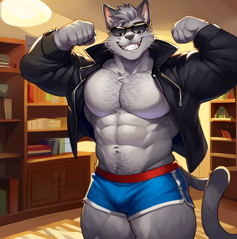 Solo, Anthro, male (((grey cat, black eyes, black pupils, muscular, , abs, cat whiskers, grey fur, grey body, grey hair, teeth, black eyebrows, tail, smiling, black jacket, blue shorts))) standing, bedroom, bed, bookcase, full body, perfect anatomy, by darkgem, by mystikfox61, by glitter trap boy, flexing, cat, wearing sunglasses, big, hairy body