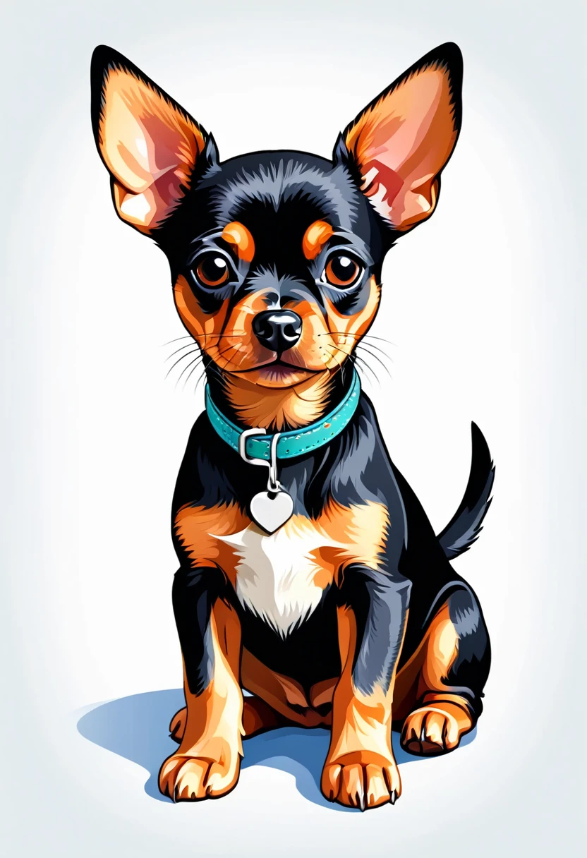 A t-shirt with graphic design art, flat illustration of a Black and Tan English Toy Terrier Dog ,  cuddly, colorful tones, highly detailed cleanliness, imagem vectorial, photorealistic masterpiece, professional photograpy, plain white background, isometric, Vibrant, vector