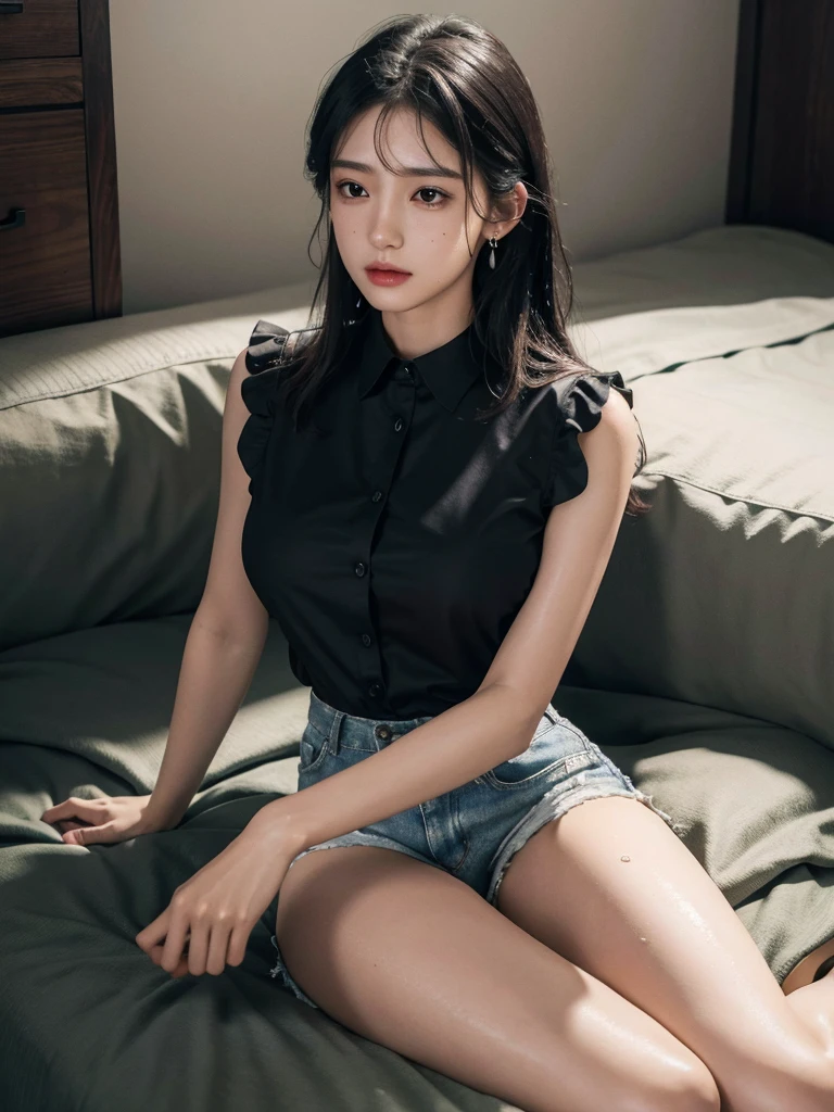 absurdres, RAW photo, extremely delicate and beautiful, masterpiece, Best Quality, ultra high resolution, 32k, hyperrealistic, ultra-detailed, perfect figure, in her 20s, delicate facial features, tearful mole, earring, big breasts, ((full body shot)), medium hair, black hair, sleeveless collared shirt, shorts,