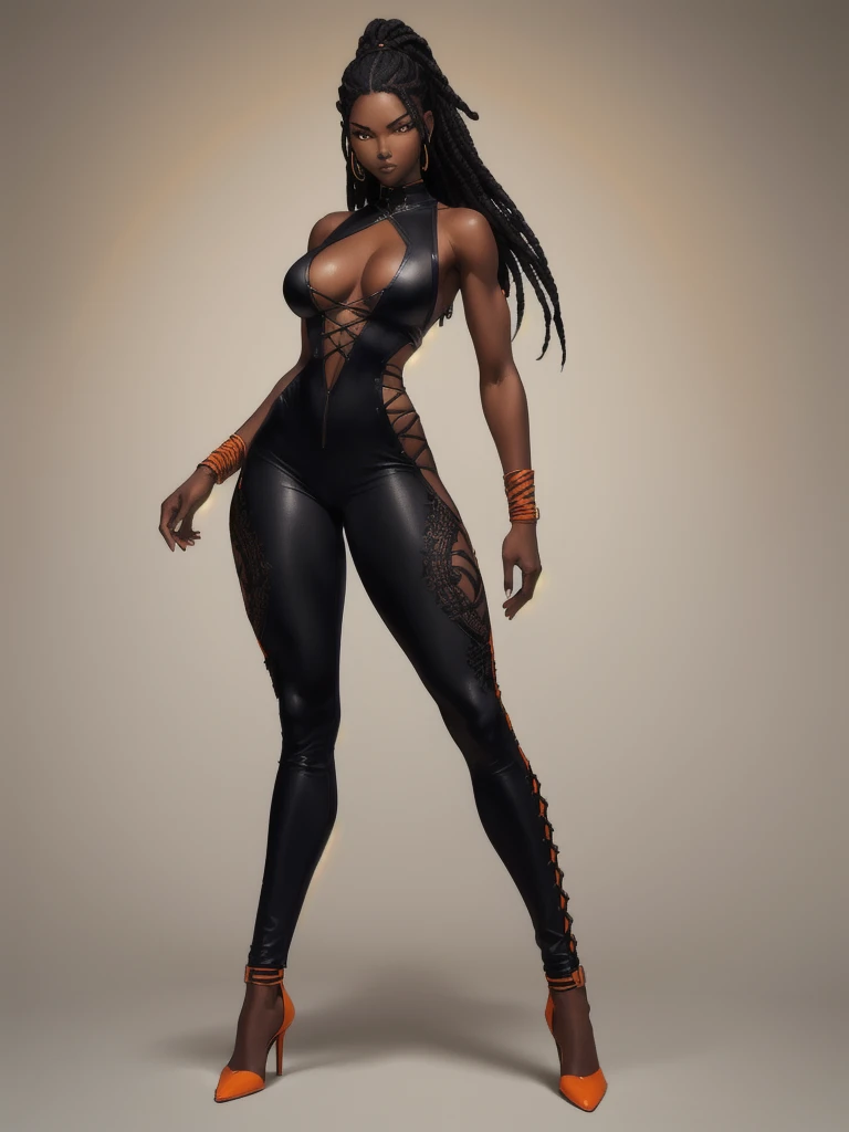 ((best quality)), ((4k)), ((highres)), ((masterpiece:1.2)). ((detailed)), ((ultra realistic)), ((intricate details)), ((full body picture)), ((solo character)), a full body picture of a beautifull Ebony skinned female, black woman, dark skin, ebony princess, ebony model, perfect face, detailed eyes, detailed lips, about 25 years old, about 5'7 ft. tall, long thin black dreadlocks down to her hips, ((emphasis on her long thin black dreadlocks down to her hips)), pretty, feminine woman, toned body but not too muscular looking, hourglass figure, dressed in a skin-tight sleeveless full body orange jumpsuit, ((emphasis on the skin-tight sleeveless full body orange jumpsuit)), ((ORANGE JUMPSUIT))gold adornments, showing cleavage, glamorous, strappy lace up high, fighting game character concept art, tekken character design, the king of fighters character concept, full bofy, full body concept art, full body art