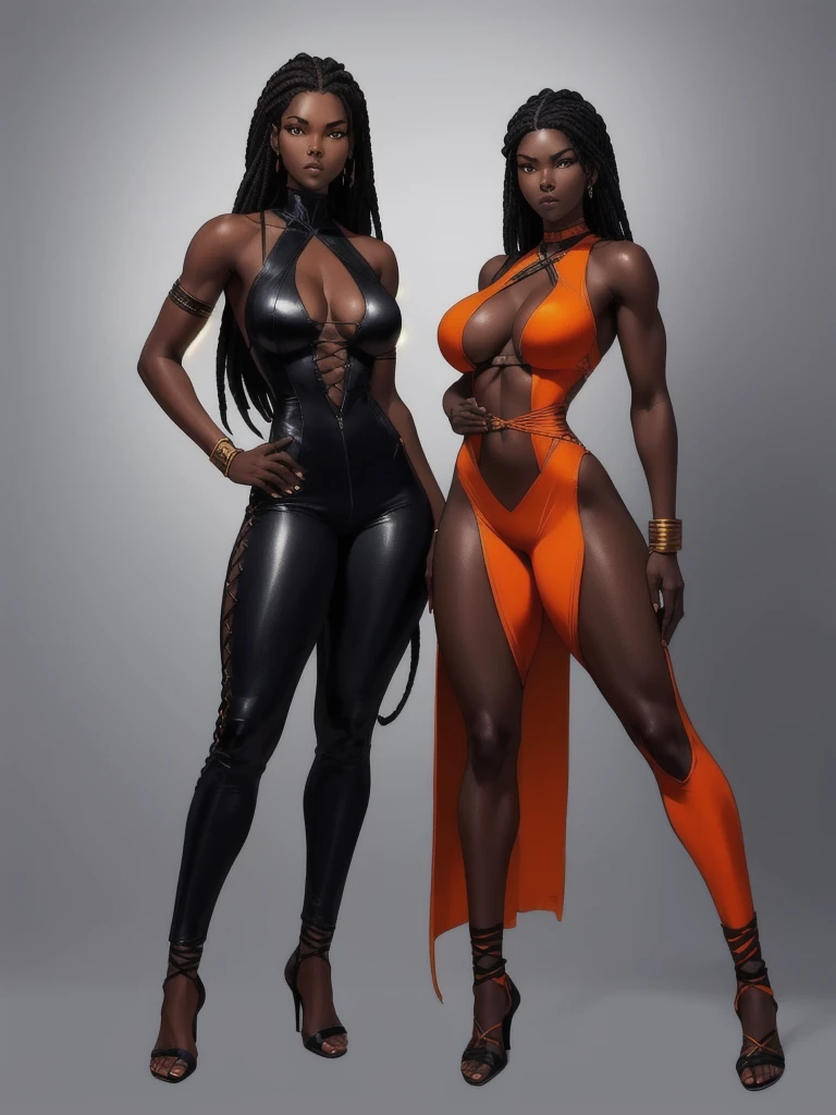 ((best quality)), ((4k)), ((highres)), ((masterpiece:1.2)). ((detailed)), ((ultra realistic)), ((intricate details)), ((full body picture)), ((solo character)), a full body picture of a beautifull Ebony skinned female, black woman, dark skin, ebony princess, ebony model, perfect face, detailed eyes, detailed lips, about 25 years old, about 5'7 ft. tall, long thin black dreadlocks down to her hips, ((emphasis on her long thin black dreadlocks down to her hips)), pretty, feminine woman, toned body but not too muscular looking, hourglass figure, dressed in a skin-tight sleeveless full body orange jumpsuit, ((emphasis on the skin-tight sleeveless full body orange jumpsuit)), ((ORANGE JUMPSUIT))gold adornments, showing cleavage, glamorous, strappy lace up high, fighting game character concept art, tekken character design, the king of fighters character concept, full bofy, full body concept art, full body art