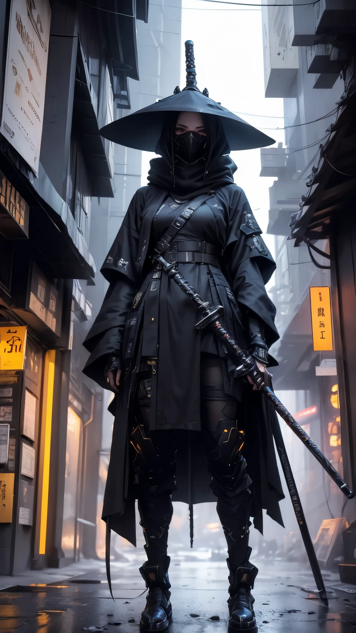 A nomadic robot, in the desert, wearing a messy shawl, holding a staff, wearing a large metal hat, rough, rusty, dusty body, thin frame, tall, cyberpunk, Cyborg., Surreal version of a woman holding a sword in her hand, very beautiful cyberpunk samurai, anime cyberpunk art, cyberpunk samurai, cyberpunk anime art, cyberpunk anime, cgsociety 9, technical cyberpunk anime art number, maciej's style kuciara.1girl, samurai armor, demon mask helmet, intricate decorations, details, cool colors, metallic, Egyptian details, extremely intricate details, sleek realistic lighting , trends in cgs society, glowing eyes, facing camera, neon details, surreal details, full body portraits, Japanese atmosphere, global illumination, shadows, octane rendering, 8k, super sharp. great lolita.fix body