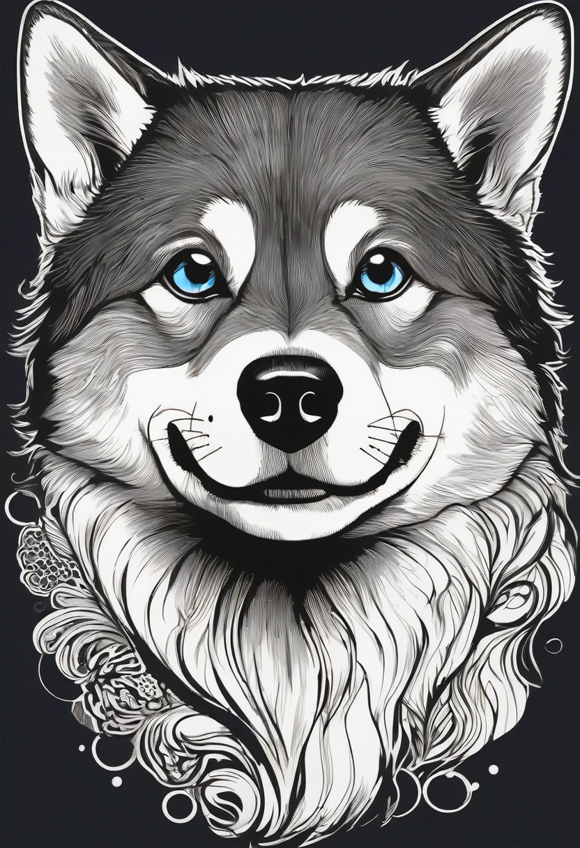 "Dynamic ink brushstroke style, black and white only: illustration by a professional illustrator, featuring a cute wolf pup or Shiba Inu, action shot, high detail, white background.

Sleeping puppy, Shiba dog with blue eyes, realistic fur depiction, surreal expression, artistic circles motif for icon design.

Distinctive, true-to-life whiskers on the cheeks.

Japanese dog with a traditional Japanese-style design."