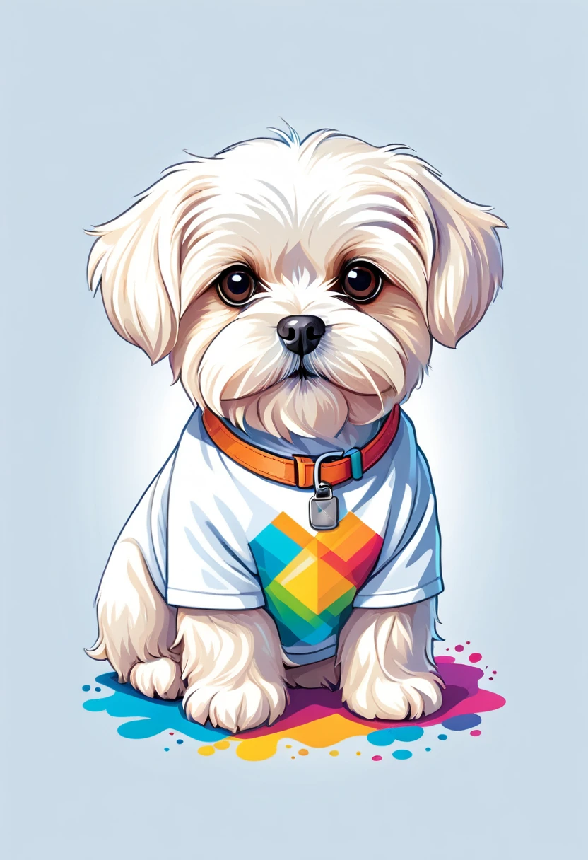 A t-shirt with graphic design art, flat illustration of a Maltese Dog ,  cuddly, colorful tones, highly detailed cleanliness, imagem vectorial, photorealistic masterpiece, professional photograpy, plain white background, isometric, Vibrant, vector