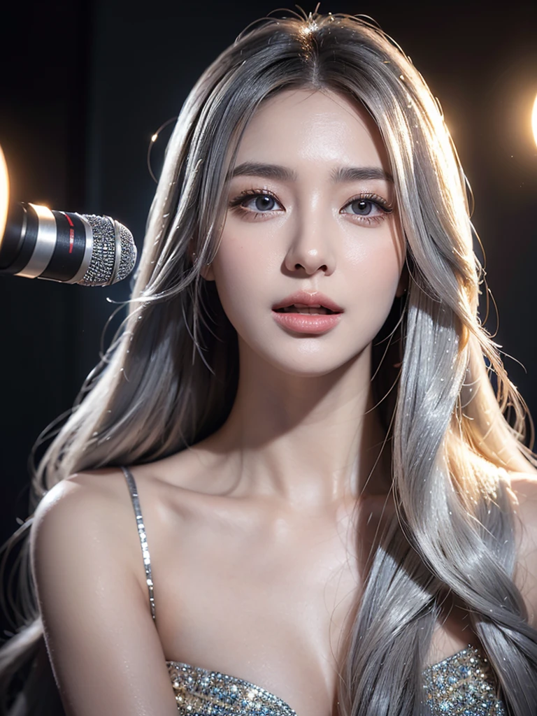 a beautiful woman with long silver hair , detailed realistic portrait, studio, detailed face features, detailed eyes and lips, beautiful glowing skin, detailed cleavage, microphone, photorealistic, 8k, best quality, (realistic:1.37), (masterpiece:1.2), ultra-detailed, cinematic lighting, warm color tones, dramatic lighting