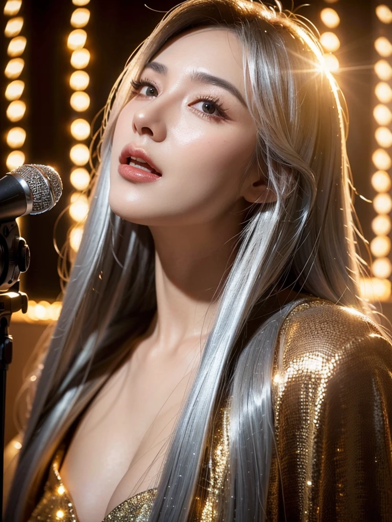 a beautiful woman with long silver hair singing joyfully, detailed realistic portrait, studio, detailed face features, detailed eyes and lips, beautiful glowing skin, detailed cleavage, microphone, photorealistic, 8K, best quality, (realistic:1.37), (masterpiece:1.2), ultra-detailed, cinematic lighting, warm color tones, dramatic lighting、Glittering ornaments