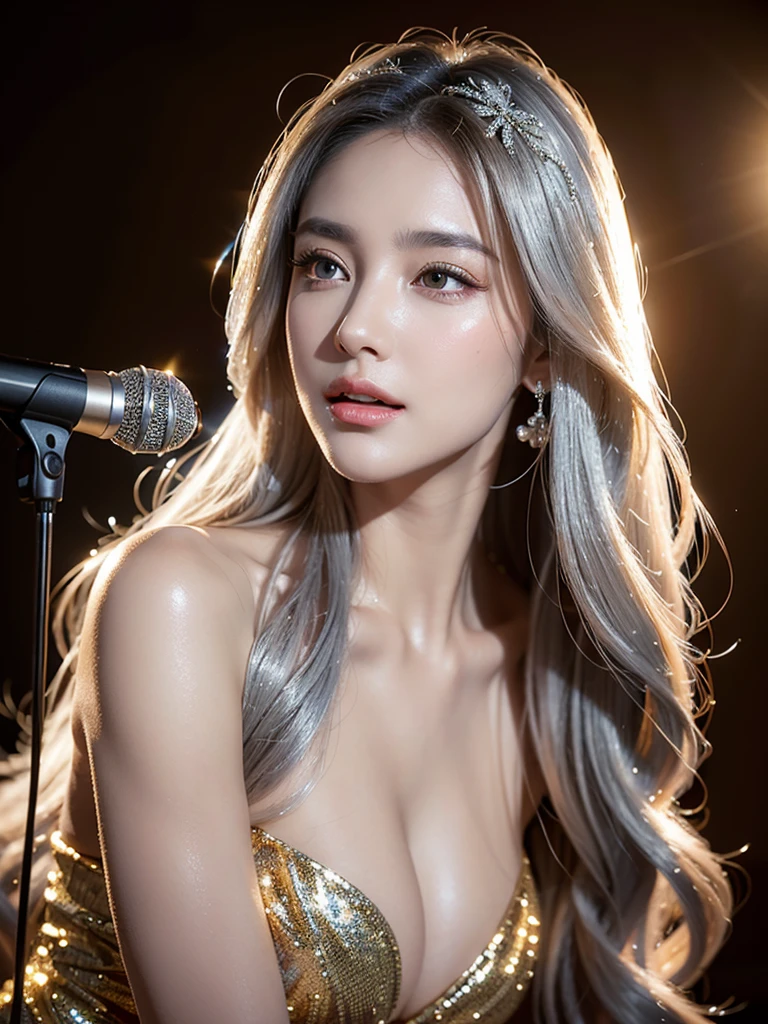 a beautiful woman with long silver hair singing joyfully, detailed realistic portrait, studio, detailed face features, detailed eyes and lips, beautiful glowing skin, detailed cleavage, microphone, photorealistic, 8K, best quality, (realistic:1.37), (masterpiece:1.2), ultra-detailed, cinematic lighting, warm color tones, dramatic lighting、Glittering ornaments