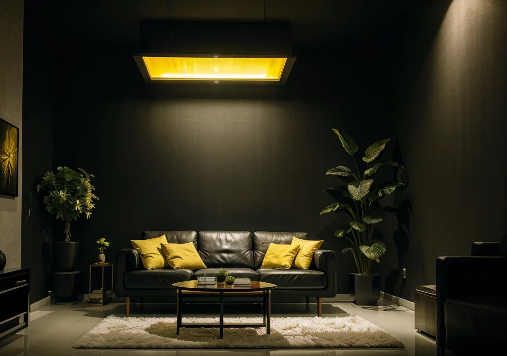Futuristic living room at night, with a dim yellow ambient lighting, flowering plants, and a modern art decor on the dark wall