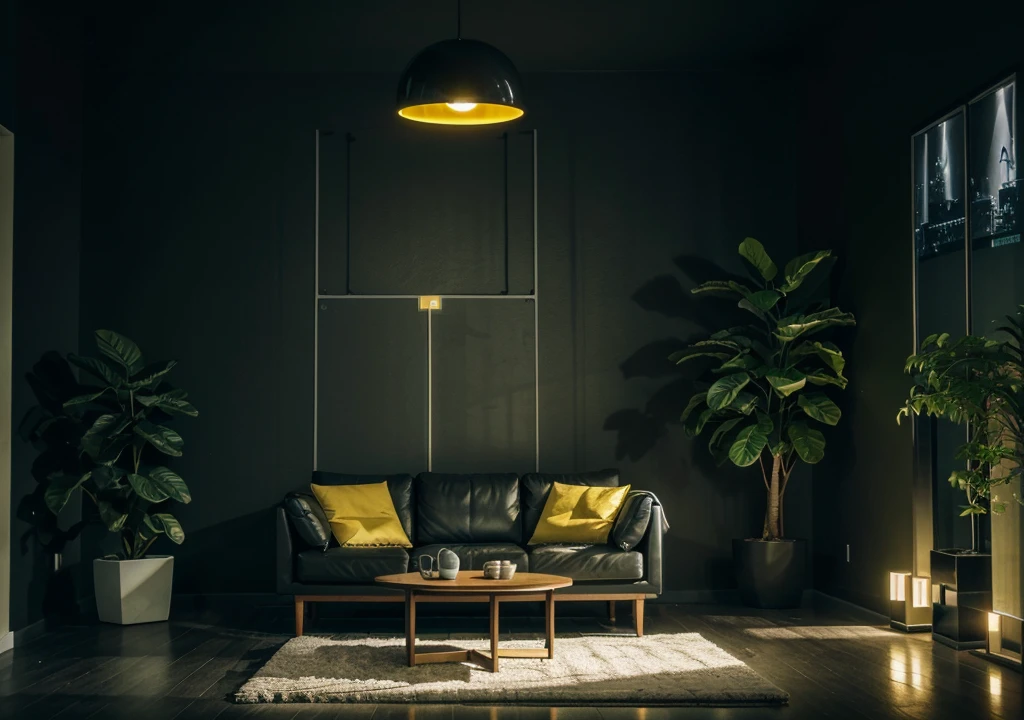 Futuristic living room at night, with a dim yellow ambient lighting, flowering plants,  and a modern art decor on the dark wall