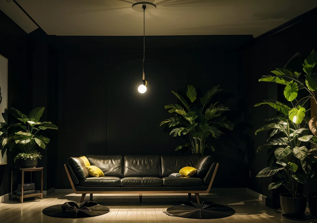Futuristic living room at night, with a dim yellow ambient lighting, flowering plants, and a modern art decor on the dark wall