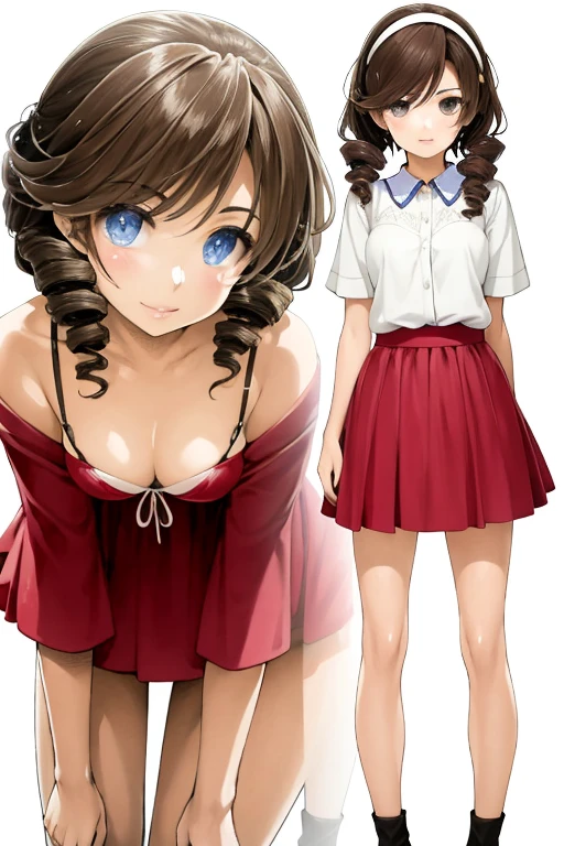 illustration, official art, multiple views, 1girl,skirt,
view from above, close-up, upper body, leaning forward, (seductive smile:0.7), brown hair, drill hair,
view from below, close-up, ass focus, upskirt,