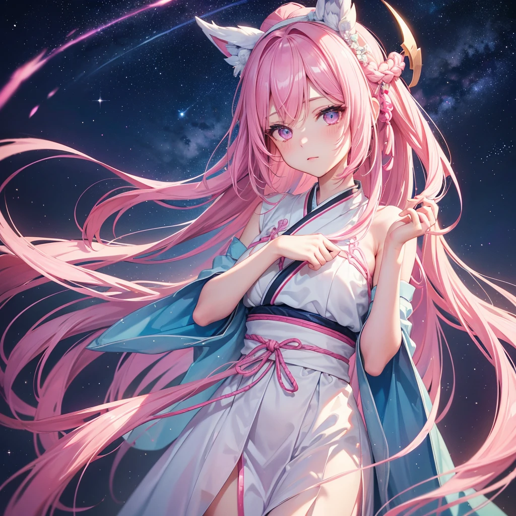 Sky blue braid hair,(Pink Eyes),Fair skin ,(whole body),(One girl),Hanfu,Tanabata,(The beautiful, sparkling Milky Way in the night sky),Lonely Eyes,,(masterpiece, Highest quality, Very detailed, Best Shadow), (Detailed Background), (Beautifully detailed face), High Contrast, (Best lighting, Very delicate and beautiful), ((Cinematic Light)), colorful, Hyper Detail, Dramatic Light, Intricate details,