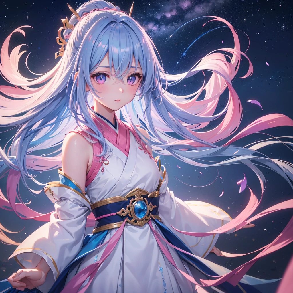 Sky blue braid hair,(Pink Eyes),Fair skin ,(whole body),(One girl),Hanfu,Tanabata,(The beautiful, sparkling Milky Way in the night sky),Lonely Eyes,,(masterpiece, Highest quality, Very detailed, Best Shadow), (Detailed Background), (Beautifully detailed face), High Contrast, (Best lighting, Very delicate and beautiful), ((Cinematic Light)), colorful, Hyper Detail, Dramatic Light, Intricate details,