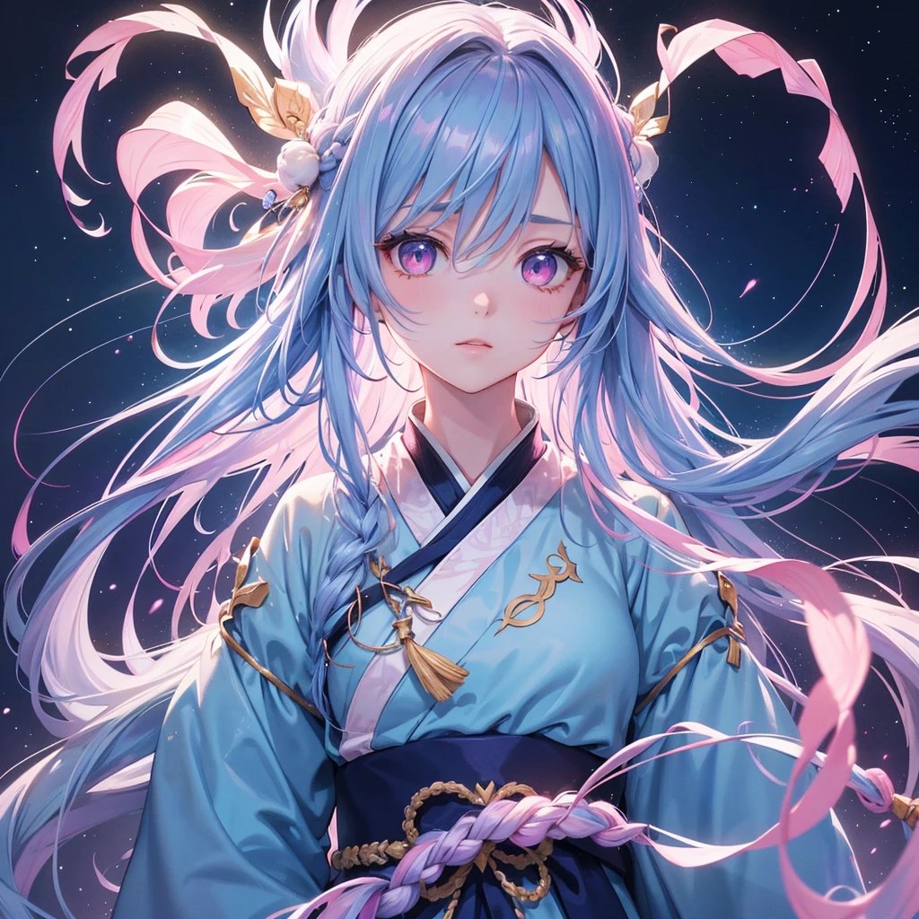 Sky blue braid hair,(Pink Eyes),Fair skin ,(whole body),(One girl),Hanfu,Tanabata,(The beautiful, sparkling Milky Way in the night sky),Lonely Eyes,,(masterpiece, Highest quality, Very detailed, Best Shadow), (Detailed Background), (Beautifully detailed face), High Contrast, (Best lighting, Very delicate and beautiful), ((Cinematic Light)), colorful, Hyper Detail, Dramatic Light, Intricate details,
