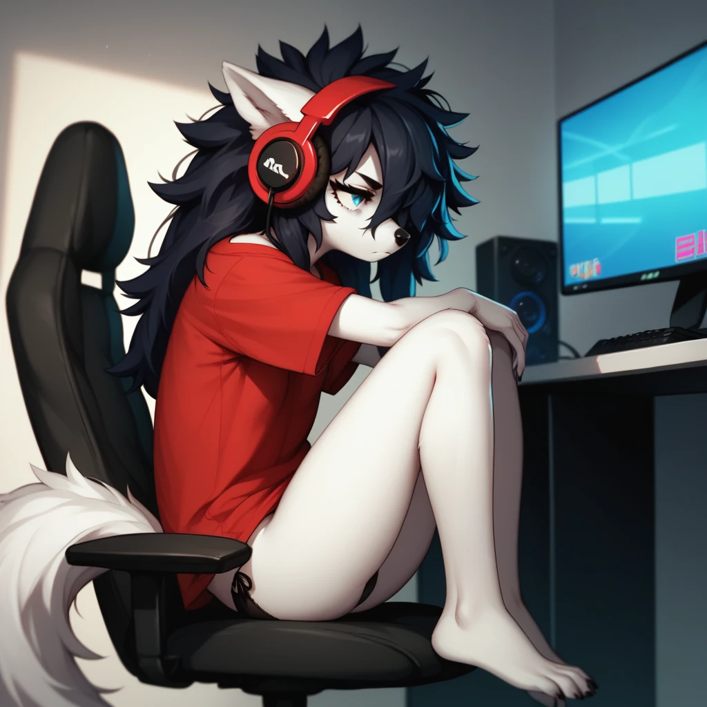 score_9,score_8_up,score_7_up, sierra, a young nerdy Anthro furry wolf woman, white furry body, tall, awkward, long black messy hair, hair covering one eye, long black hair, blue eyes, small breasts, white wolf tail, wearing oversized red shirt, black panties, barefoot, sitting on a gamer chair, playing on a gaming pc, looking at computer monitor, wearing gaming headphones, looking bored, eyes half open, hands on a keyboard and mouse, side view