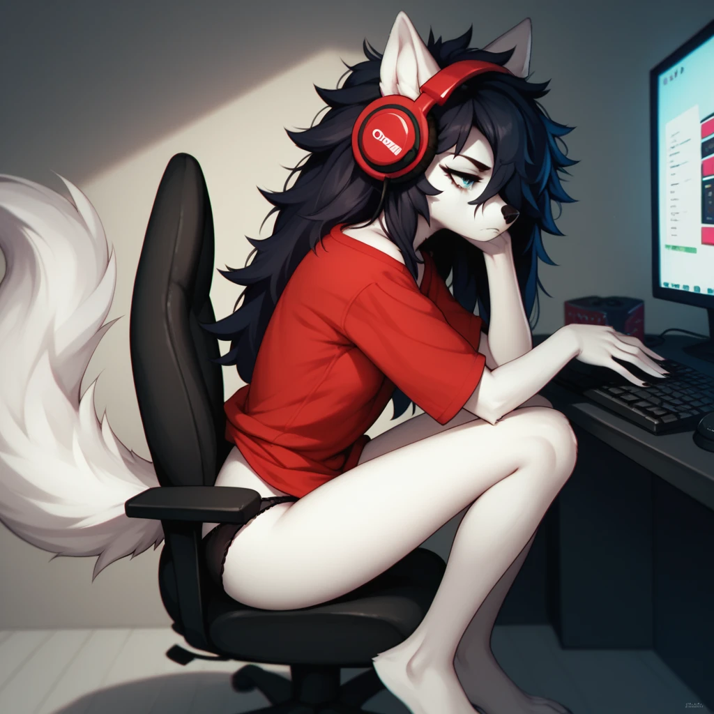 score_9,score_8_up,score_7_up, sierra, a young nerdy Anthro furry wolf woman, white furry body, tall, awkward, long black messy hair, hair covering one eye, long black hair, blue eyes, small breasts, white wolf tail, wearing oversized red shirt, black panties, barefoot, sitting on a gamer chair, playing on a gaming pc, looking at computer monitor, wearing gaming headphones, looking bored, eyes half open, hands on a keyboard and mouse, side view