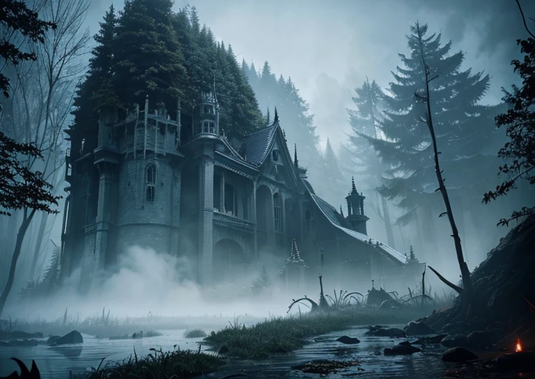 A dark castle in the middle of a swamp with vegetation, foggy, gothic, ismail inceoglu, hdr, . ZEROSTYLEBG, Japanese Horror game Zero style, horror background, Horror background, Horror style, Horror image