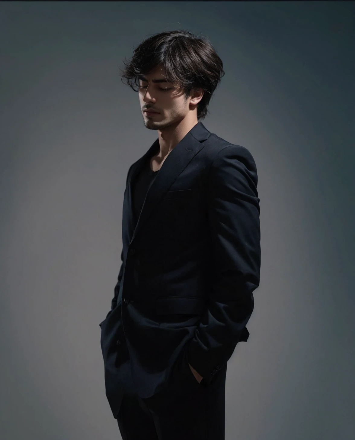 Male face, closed eyes, more defined lips and more beautiful features, Without beard 