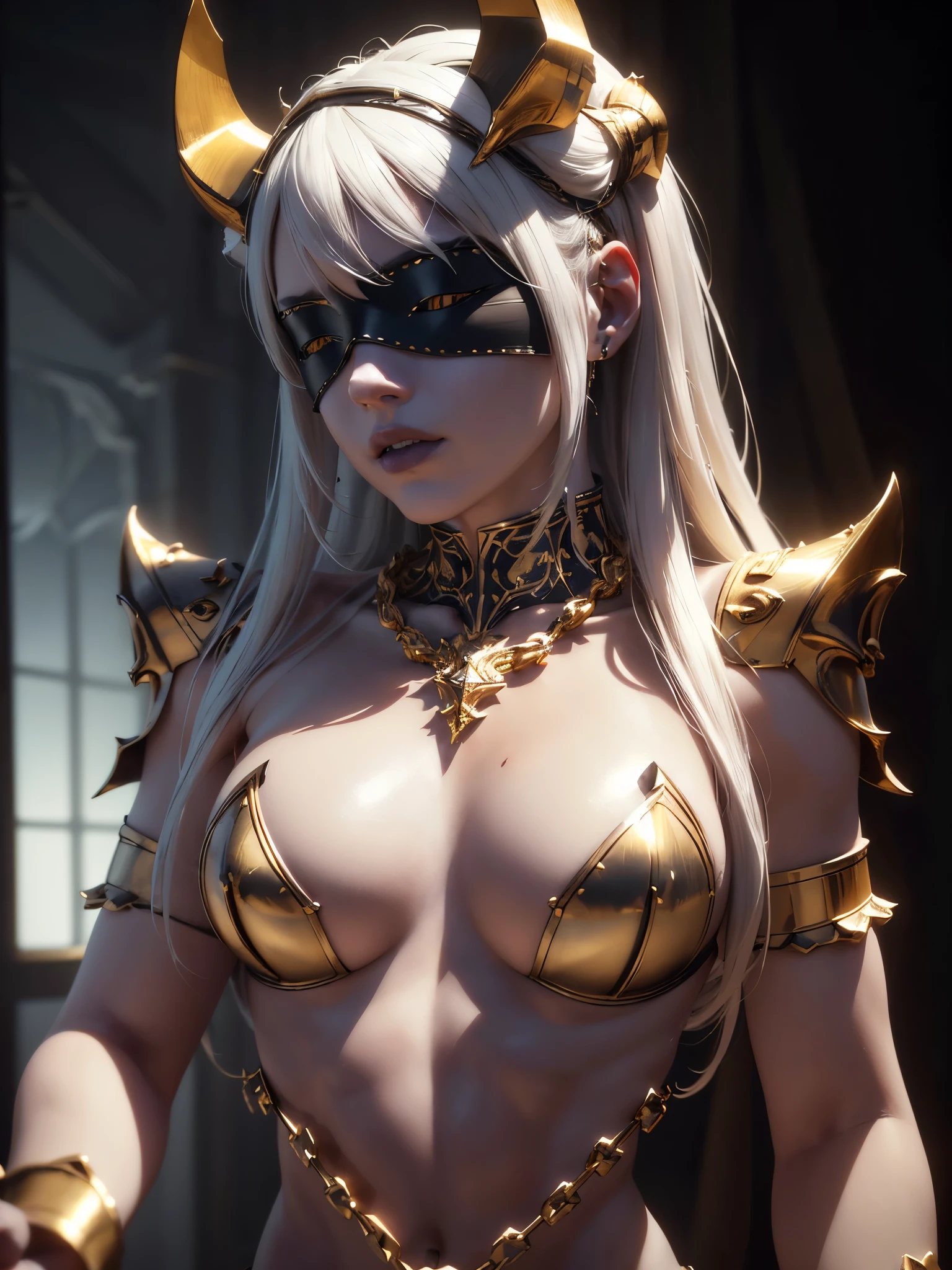 A pure white ((android)), gothic style, pointed horns with gold chains, blindfolded, detailed carving, (best quality,4k,8k,highres,masterpiece:1.2),ultra-detailed,(realistic,photorealistic,photo-realistic:1.37),3D render, cinematic lighting, dramatic shadows, intricate details, metallic finish, chiaroscuro, dark fantasy, dramatic composition