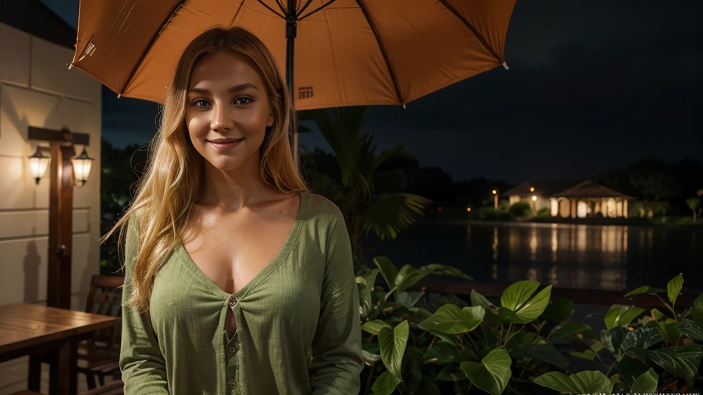 Lily Bowman), posing, modeling full body, with dark orange casual outfit design, sexy smile, rain, best quality, background with Green Eyes, , Ultra Realistic, Meticulously Detailed, Portrait, Blonde Hair and Big Eyes, Selfie of a Young Woman, Green Eyes, No Makeup, Natural Makeup, Looking Directly at the Camera, face artgram, subtle make-up, Impressive photo, stand, with sexy smile, Medium and large size chest, allowing the face to be seen clearly, rain night