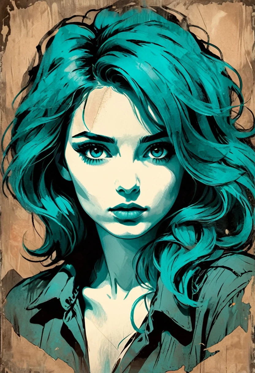 A woman in a situation?, sketch, amber to teal color palette, detailed features, cute, vintage style, high contrast lighting, expressive eyes, tousled hair. (best quality, high res, realistic:1.37), vintage, monochrome, intense gaze, dramatic lighting, rugged background, distressed paper texture, retro vibes, id photo, front view, Surround the woman with abstract art cliches, 