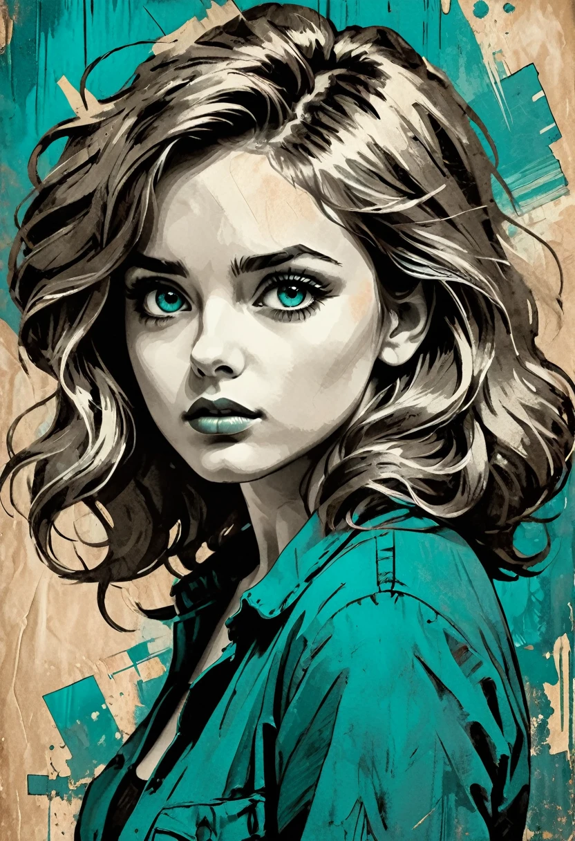 A woman in a situation?, sketch, amber to teal color palette, detailed features, cute, vintage style, high contrast lighting, expressive eyes, tousled hair. (best quality, high res, realistic:1.37), vintage, monochrome, intense gaze, dramatic lighting, rugged background, distressed paper texture, retro vibes, id photo, front view, Surround the woman with abstract art cliches, 