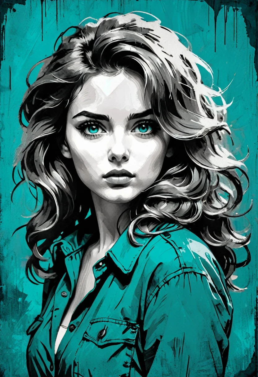 A woman in a situation?, sketch, amber to teal color palette, detailed features, cute, vintage style, high contrast lighting, expressive eyes, tousled hair. (best quality, high res, realistic:1.37), vintage, monochrome, intense gaze, dramatic lighting, rugged background, distressed paper texture, retro vibes, id photo, front view, Surround the woman with abstract art cliches, 