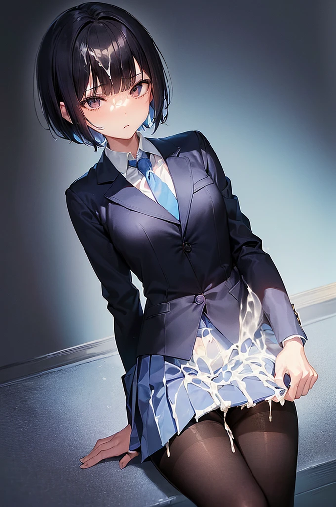 masterpiece, best quality,anime style, 1 girl,(((slender body))), (((small eyes,small breast))),(((blue blazer,white shirt,pleated skirt,blue tie,black pantyhose,bra))),(((3 monkey grabbing the gir))),((((cum)))), (beautiful face), (((short hair))), (((straight hair))), ((((black hair)))),detailed beautiful skin, (perfect hands, perfect anatomy)