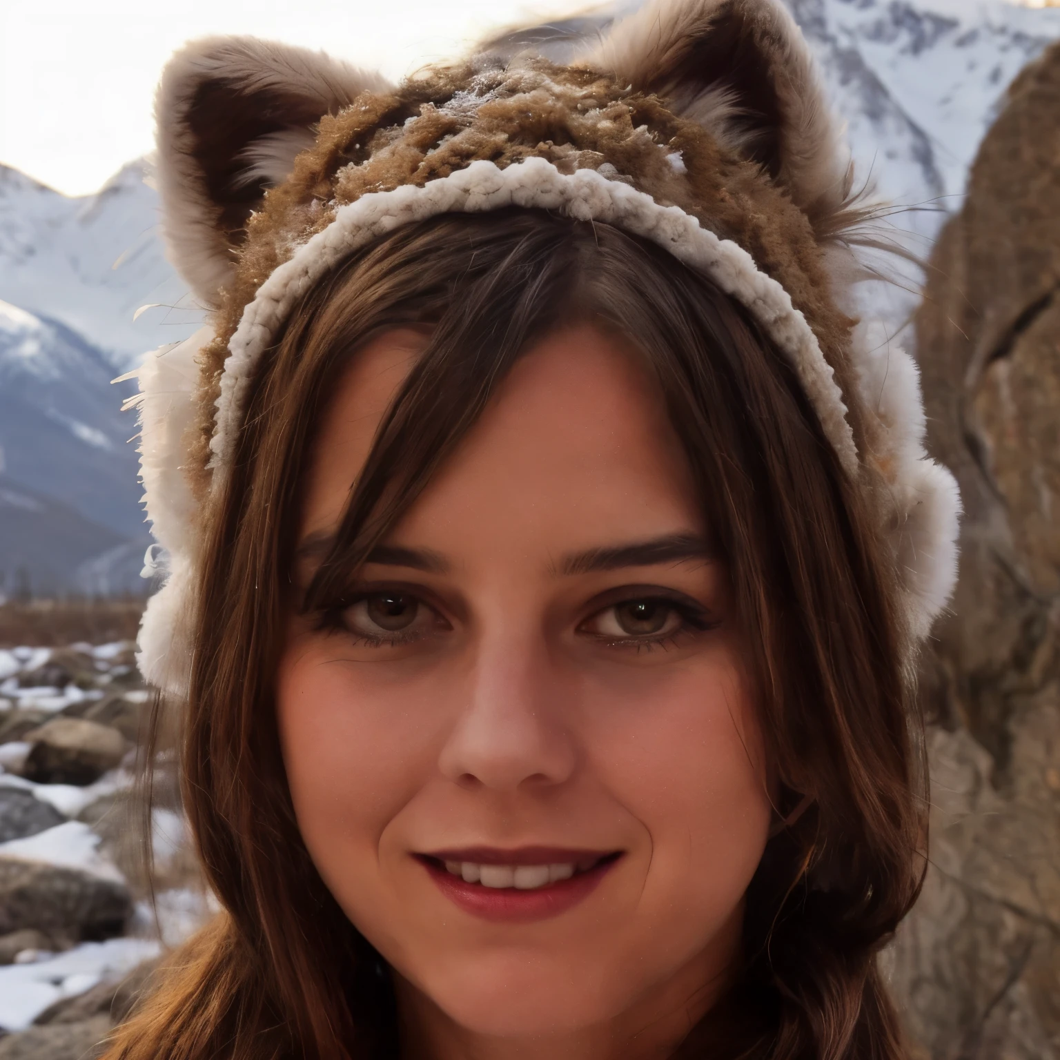 December Prompt:
A woman named LaGermania, seductive, slightly smiling, with black hair, having fun, poses for a chic calendar photoshoot in the east of Canada's Rocky Mountains during December. She stands on a snowy gravel beach with huge boulders, the sea reflecting the soft light of early winter, and the majestic Rocky Mountains in the background. LaGermania, with open, interested, curious, seductive, knowing eyes, is playfully interacting with a small arctic fox, her eyes twinkling with mischief. She wears traditional winter attire of the Saulteaux tribe, adorned with turquoise pearls and a massive feather headdress, reflecting the cultural heritage of the region. Her clothing consists of a tanned elk hide dress, decorated with intricate beadwork and fringes, along with fur-lined moccasins and a bear fur cloak for warmth. Her jet-black hair is styled in long, flowing braids intertwined with feathers and beads, adding elegance to her ensemble. She has a sporty figure, her playful poses combine humor and allure. The surroundings are alive with the beauty of nature, with the snowy gravel beach, scattered boulders, and distant mountains creating a picturesque scene. In the background, Saulteaux family members are seen, wearing traditional winter attire and engaging in activities that highlight their connection to nature. The ultra-detailed, dreamlike quality of the image highlights the rich textures and vibrant colors of the Rocky Mountains landscape, inviting viewers to embrace the joy and wonder of nature in early winter.