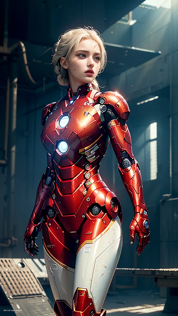 RAW, masterpiece, Ultra-thin photo,, Best quality, Ultra high resolution, Photorealistic, Sun Ray, Full length portrait, stunningly beautiful,, dynamic poses, gentle face, Bright eyes, (Side view) , on it is a futuristic Iron Man robot, Red-gold color scheme, Highly detailed background of an abandoned warehouse, detailed face, Detailed and complex background, sloppy, fabulous, milky white, highly detailed skin, realistic skin details, visible pores , sharp focus, volumetric fog, 8k contract, DSLR camera, high quality, Granularity, bright skin, Photorealism, lomography, a vast metropolis in a futuristic dystopia, bottom view, translucent