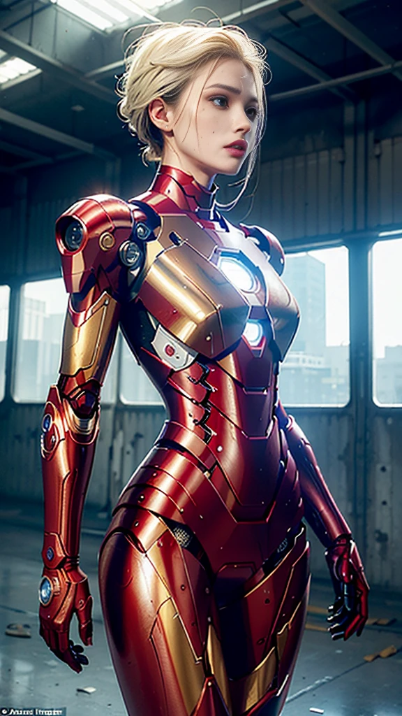 RAW, masterpiece, Ultra-thin photo,, Best quality, Ultra high resolution, Photorealistic, Sun Ray, Full length portrait, stunningly beautiful,, dynamic poses, gentle face, Bright eyes, (Side view) , on it is a futuristic Iron Man robot, Red-gold color scheme, Highly detailed background of an abandoned warehouse, detailed face, Detailed and complex background, sloppy, fabulous, milky white, highly detailed skin, realistic skin details, visible pores , sharp focus, volumetric fog, 8k contract, DSLR camera, high quality, Granularity, bright skin, Photorealism, lomography, a vast metropolis in a futuristic dystopia, bottom view, translucent