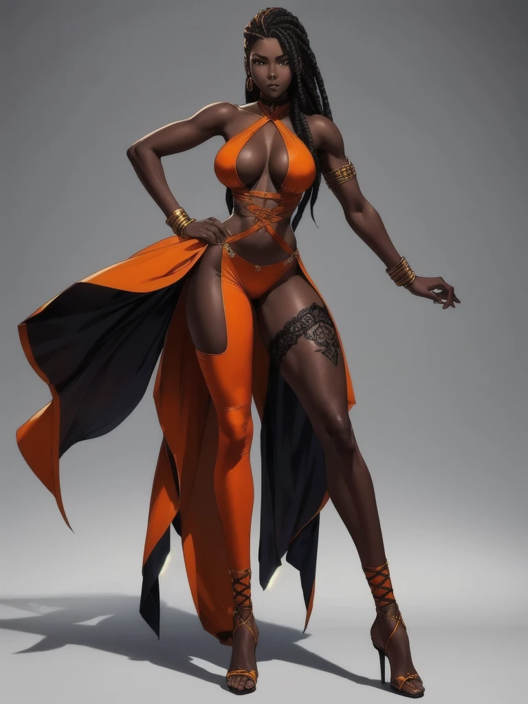((best quality)), ((4k)), ((highres)), ((masterpiece:1.2)). ((detailed)), ((ultra realistic)), ((intricate details)), ((full body picture)), ((solo character)), a full body picture of a beautifull Ebony skinned female, black woman, dark skin, ebony princess, ebony model, perfect face, detailed eyes, detailed lips, about 25 years old, about 5'7 ft. tall, long thin dreadlocks down to her hips, ((emphasis on her long thin dreadlocks down to her hips)), pretty, feminine woman, toned body but not too muscular looking, hourglass figure, dressed in a skin-tight sleeveless full body orange jumpsuit, ((emphasis on the skin-tight sleeveless full body orange jumpsuit)), gold adornments, showing cleavage, glamorous, strappy lace up high, fighting game character concept art, tekken character design, the king of fighters character concept, full bofy, full body concept art, full body art