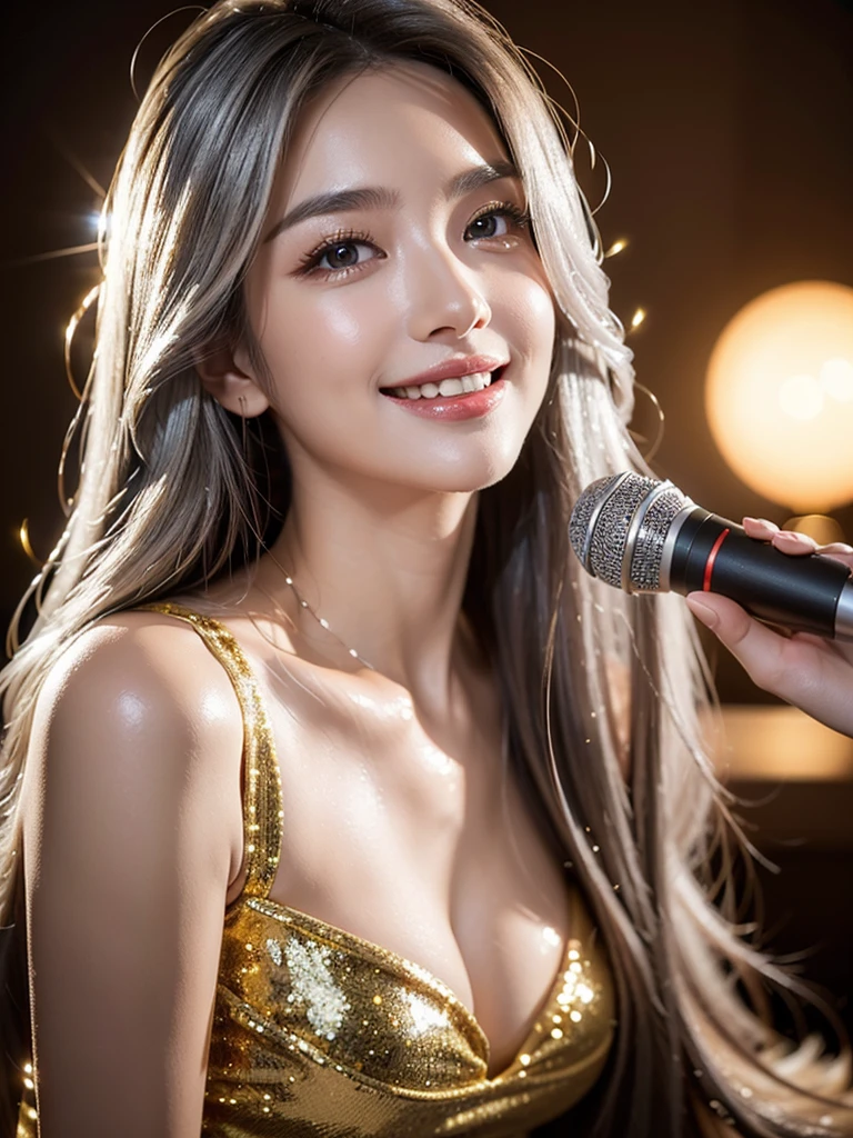 a beautiful woman with long silver hair singing joyfully, detailed realistic portrait, studio, detailed face features, detailed eyes and lips, beautiful glowing skin, detailed cleavage, microphone, photorealistic, 8K, best quality, (realistic:1.37), (masterpiece:1.2), ultra-detailed, cinematic lighting, warm color tones, dramatic lighting、Glittering ornaments、nice smile