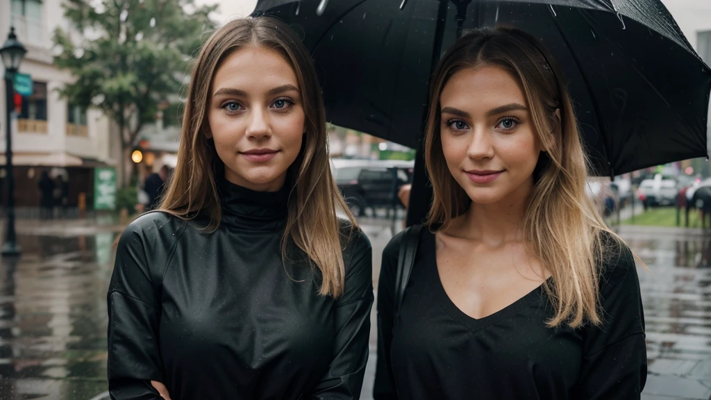 Lily Bowman), posing, modeling full body, with dark black casual outfit design, sexy smile, rain, best quality, background with Green Eyes, , Ultra Realistic, Meticulously Detailed, Portrait, Blonde Hair and Big Eyes, Selfie of a Young Woman, Green Eyes, No Makeup, Natural Makeup, Looking Directly at the Camera, face artgram, subtle make-up, Impressive photo, stand, with sexy smile, Medium and large size chest, allowing the face to be seen clearly, rain night
