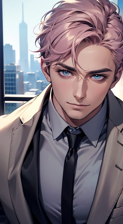(best quality,4k,8k,highres,masterpiece:1.2),ultra-detailed,(realistic,photorealistic,photo-realistic:1.37),1 man,31 years old,mature man,very handsome,without expression,smile,short grey pink hair,blue eyes,penetrating gaze,perfect face without errors,imposing posture,businessman,office background,cinematic lighting,hdr image