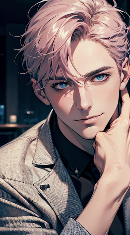(best quality,4k,8k,highres,masterpiece:1.2),ultra-detailed,(realistic,photorealistic,photo-realistic:1.37),1 man,31 years old,mature man,very handsome,without expression,smile,short grey pink hair,blue eyes,penetrating gaze,perfect face without errors,imposing posture,businessman,office background,cinematic lighting,hdr image