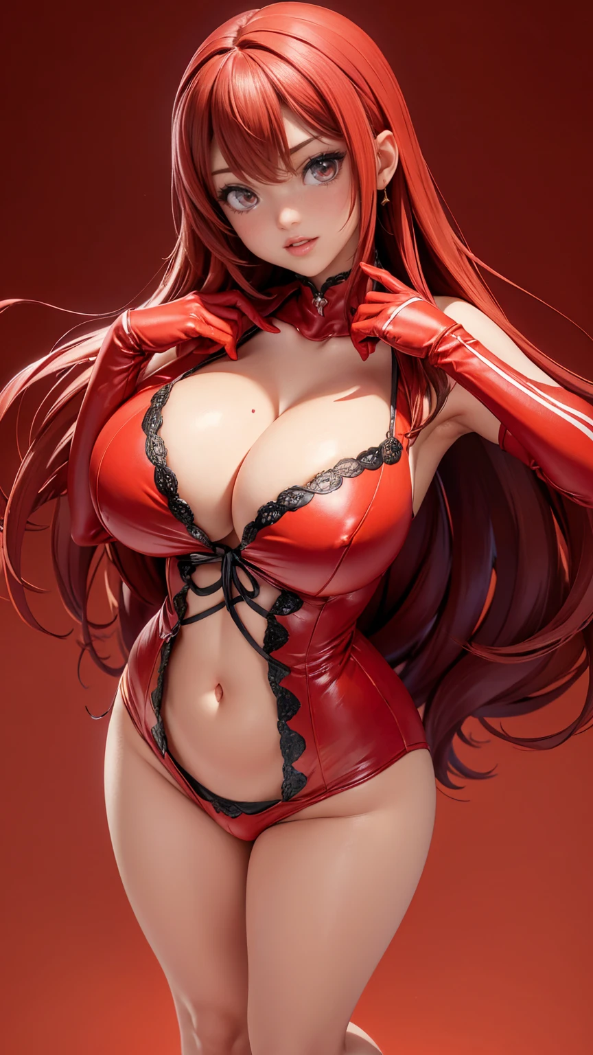 (full_body)、Woman、red_background、(big_breasts:1.5)、Detailed、POP、vivid、pose:1.2、Open chest、idol