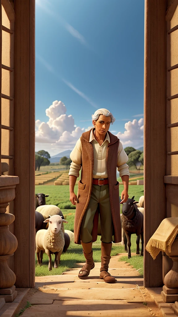 Create images of Joseph from the bible with his father Jacob in the plantation with the sheep 
