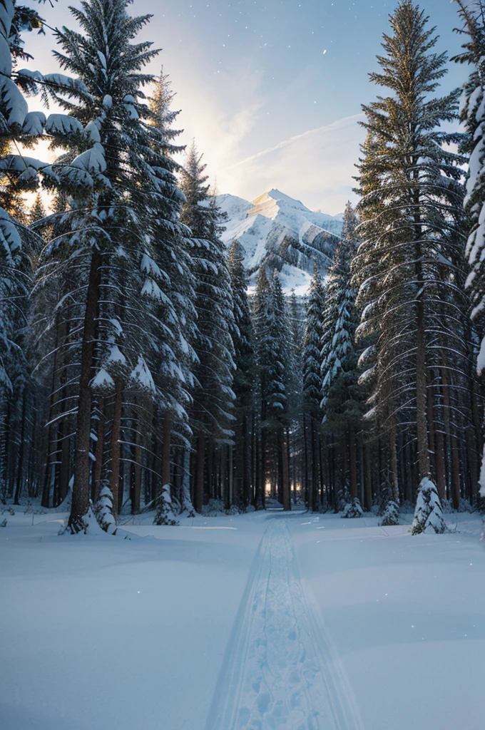 Illustration of a view of a stretch of wilderness snow forest that contains a mystical aura at night 