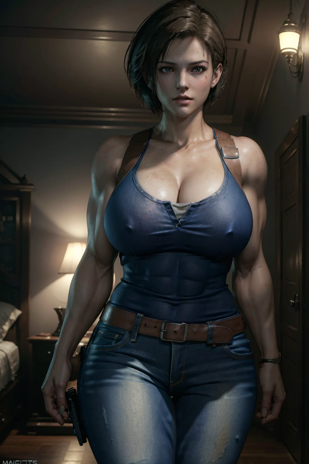((Best Quality)), ((Masterpiece)), (Very detailed: 1.3) Jill Valentine, beautiful ultra detailed 4k eyes, macrogts, (muscular woman:1.2), short hair, with huge breasts and big bewitching thighs, Blue top, jeans, Resident Evil, cozy room