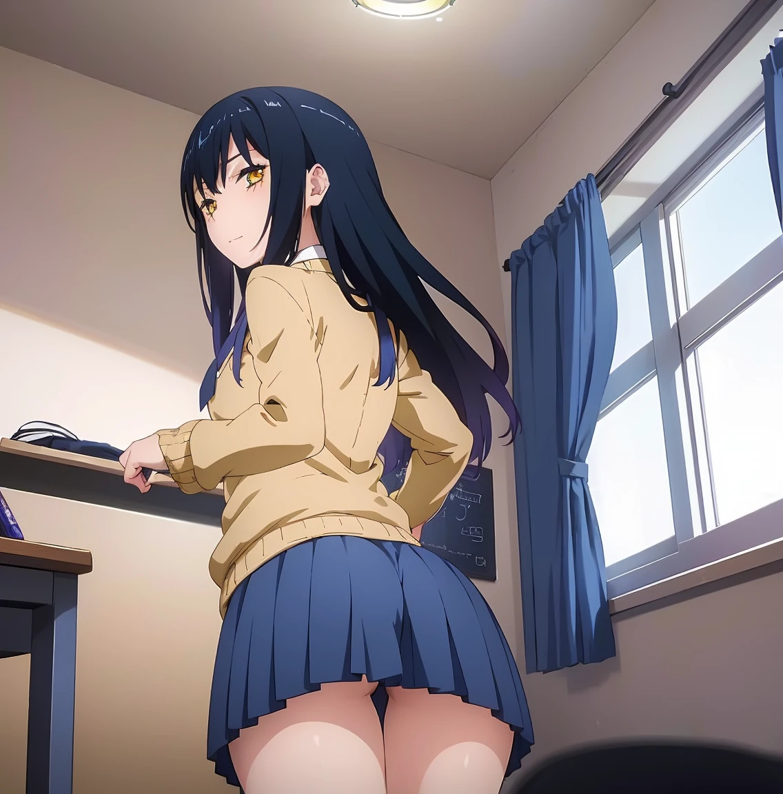 ((1girl)),((alone)),miko yotsuya,(masterpiece), (best quality), (ultra detailed), (best illustration), (best shadow), (absurdities), sharp focus, cowboy photo , looking at viewer, medium breasts, narrow waist, wide hips, wide thighs, round butt, dynamic posture, yellow eyes, blue-black hair, multicolored hair, long hair, blue pleated skirt, short skirt, beige sweater, yellow eyes, hair black, multicolored hair, long hair, blue pleated skirt, tight sweater, long sleeve, blue tie, white dress shirt, blue tie, nervous, fearful smile, (sexy pose: 1.2), solo, standing, indoors, Japanese school , night, window, school lights, living room, desk, desks, looking back, from behind, ((focus on ass:1.4)), point of view (from below), chill, perfect anatomy, perfect hands