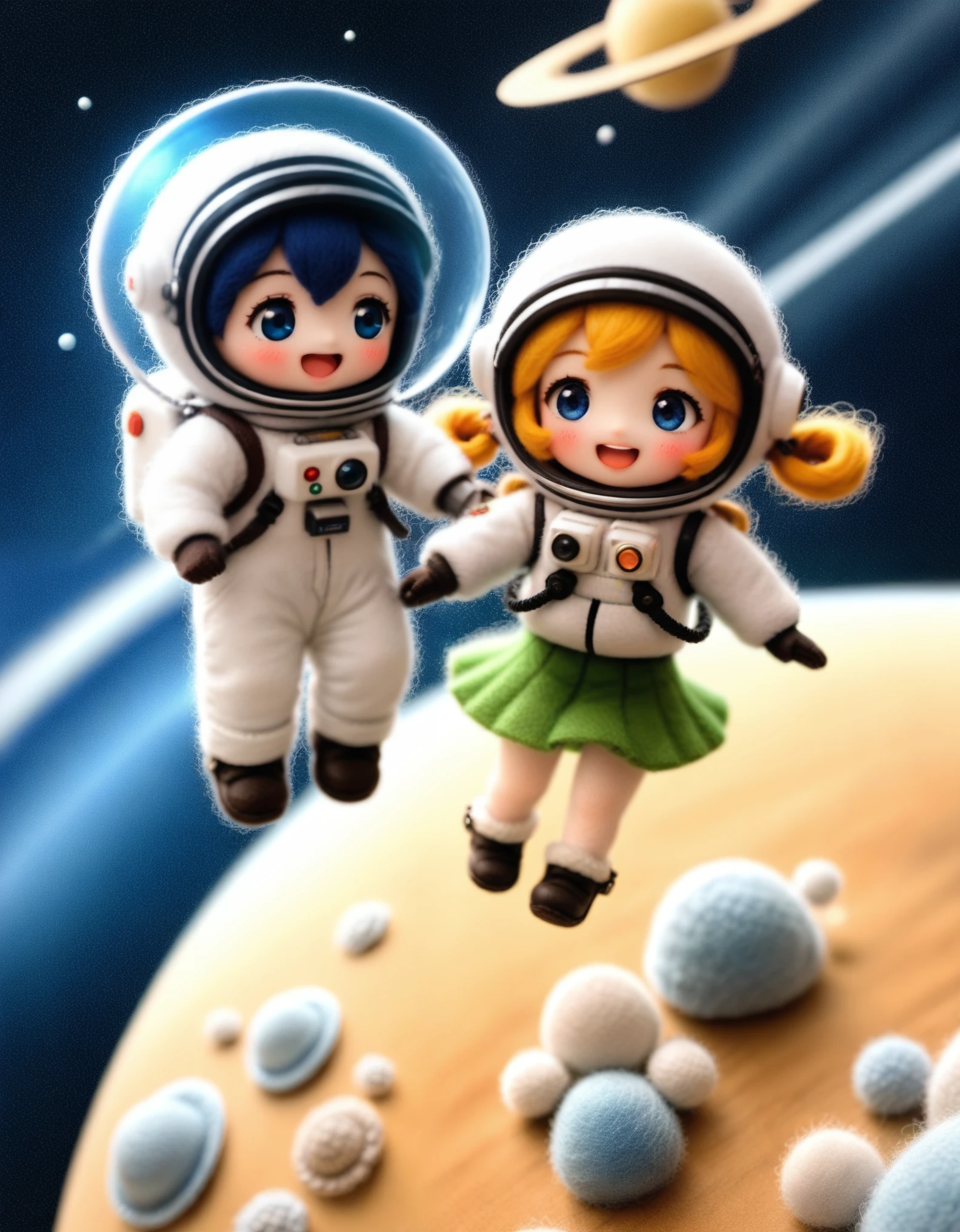 maozhan, felt style,
an astronaut, a figure, is traveling in space, long sleeves, tube top, blue hair, green skirt, black tube top, white shirt, helmet, skirt, hair between eyes, miniskirt, shirt, :d, green tube top, long hair, multiple persona, blue eyes, pleated skirt, flat chest, glowing, gloves, goggles, strapless, open mouth, looking at another, goggles on head, space helmet, smile, blush, hair rings, 
masterpiece, newest, absurdres, safe
 