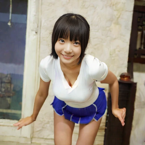 Asian Cute Girl, 8--old,all crt and short skirt, Big Breasts, Baby Face, Small ,arms, Short legs, Leaning forward, Exposing cleavage, alone, smile、Very large breasts、