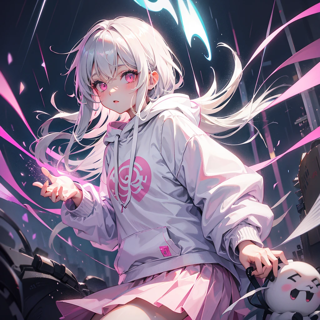 Anime girl with pink eyes and gray hair on a rain city wearing a white hoodie with pink details on it