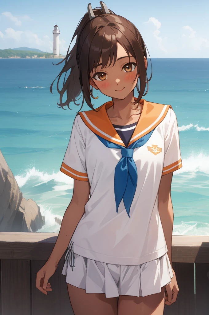 ((masterpiece)),(Highest quality),Official Art,Highly detailed CG,unity 8k wallpaper,Super detailed,Lighthouse on top of a cliff by the sea,One girl,一人in,Cowboy Shot,brown_hair,Dark Skin,Sunburn,School_Swimwear,brown_eye,smile,one piece_Swimwear,Swimwear_Down_Clothes,Sailor_collar,short_hair,Looking_in_Audience,blush,School_uniform,short_ponytail,