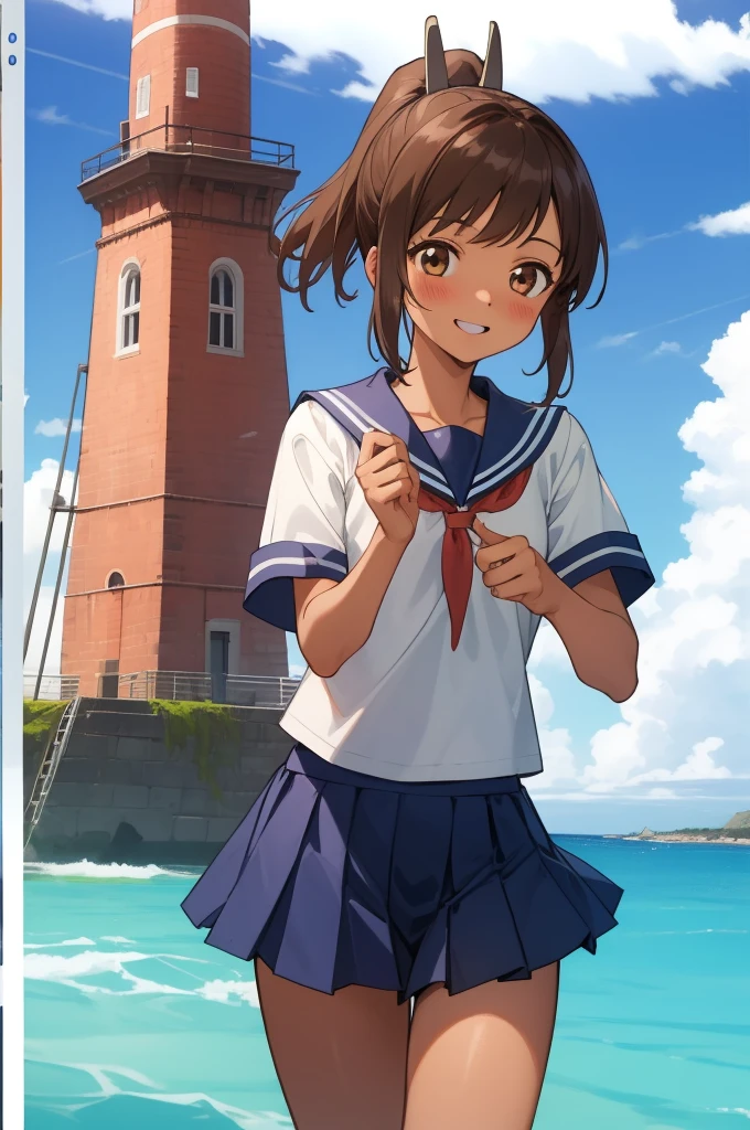 ((masterpiece)),(Highest quality),Official Art,Highly detailed CG,unity 8k wallpaper,Super detailed,Lighthouse on top of a cliff by the sea,One girl,一人in,Cowboy Shot,brown_hair,Dark Skin,Sunburn,School_Swimwear,brown_eye,smile,one piece_Swimwear,Swimwear_Down_Clothes,Sailor_collar,short_hair,Looking_in_Audience,blush,School_uniform,short_ponytail,