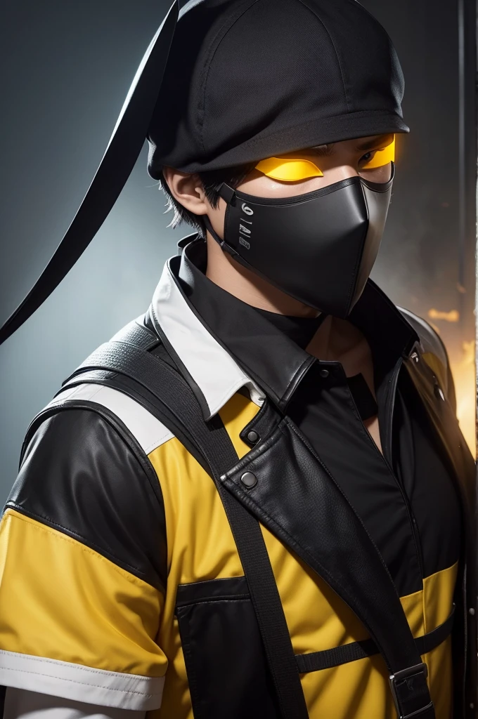 Free fire theme male character, with white cap, black mask, and eyes shining, and a yellow blouse with a blindfold