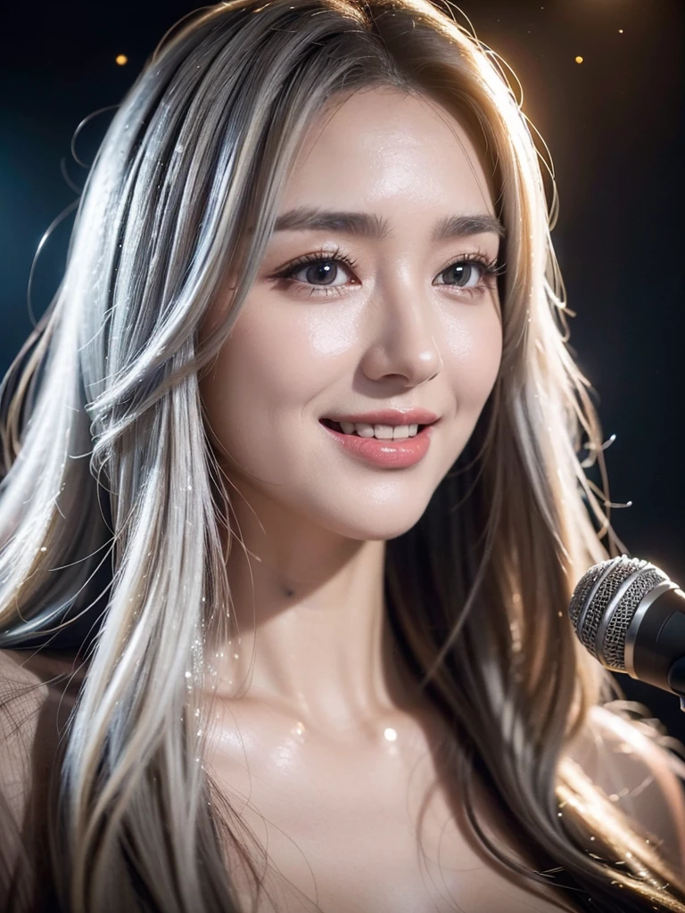 a beautiful woman with long silver hair singing joyfully, detailed realistic portrait, studio, detailed face features, detailed eyes and lips, beautiful glowing skin, detailed cleavage, microphone, photorealistic, 8K, best quality, (realistic:1.37), (masterpiece:1.2), ultra-detailed, cinematic lighting, warm color tones, dramatic lighting、Glittering ornaments、nice smile、A large audience