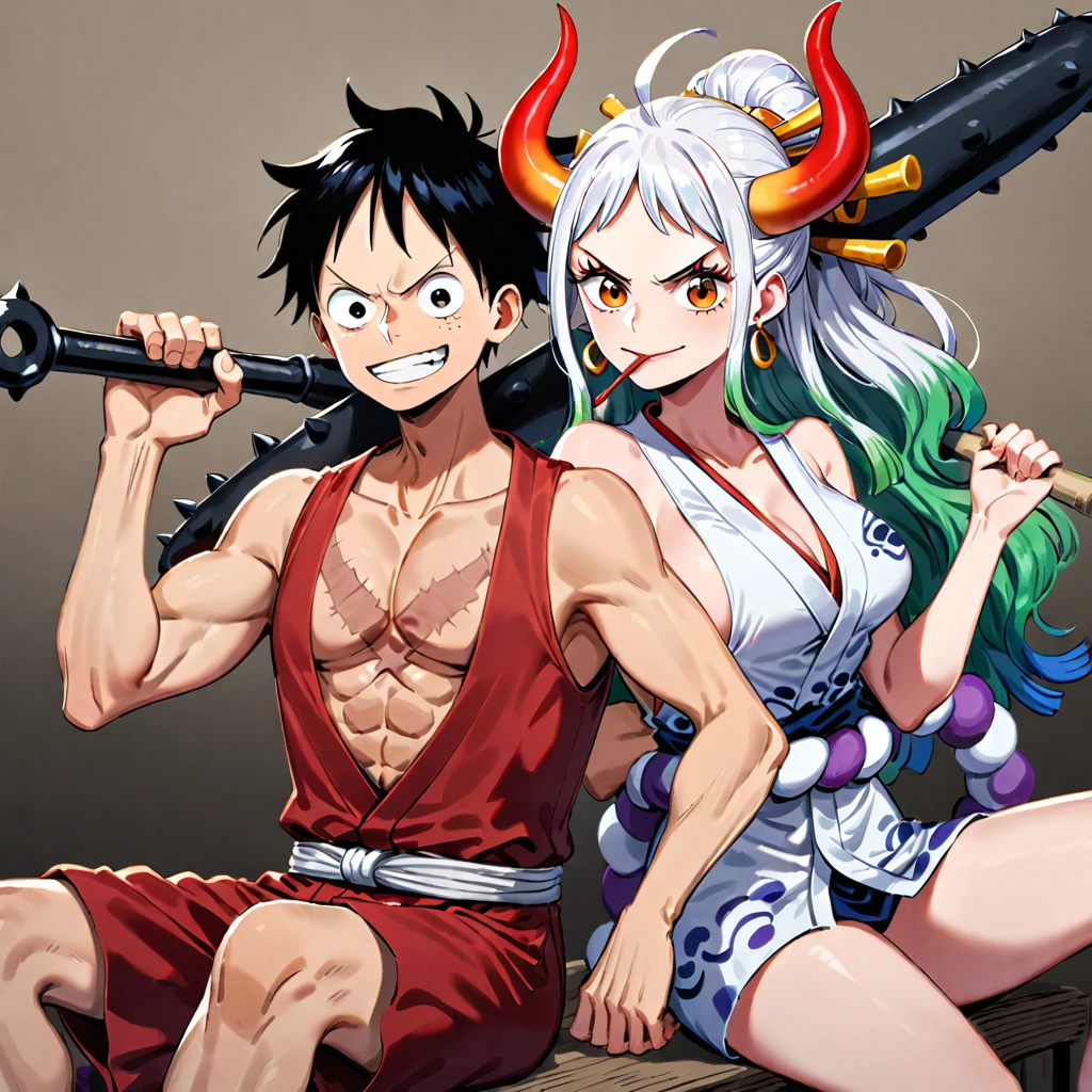 yamato (one piece), monkey d. luffy, 1girl, weapon, japanese clothes, club (weapon), weapon over shoulder, 1boy, horns, straw hat, over shoulder, kanabou, kimono, curled horns, black hair, smile, sleeveless kimono, multicolored hair, long hair, oni, hair ornament, scar, bare arms, hat, spiked club, green hair, multicolored horns, red horns, holding, sword, holding weapon, sleeveless, breasts, shimenawa, hair stick, scar on chest, grin, rope, looking at viewer, v shaped eyebrows, sideboob, bare shoulders, jewelry, mouth hold, white hair, ahoge, closed mouth, earrings, eastern dragon, short hair, very long hair, sitting, pectorals, open clothes, height difference, ((medium quality)), ((medium quality))