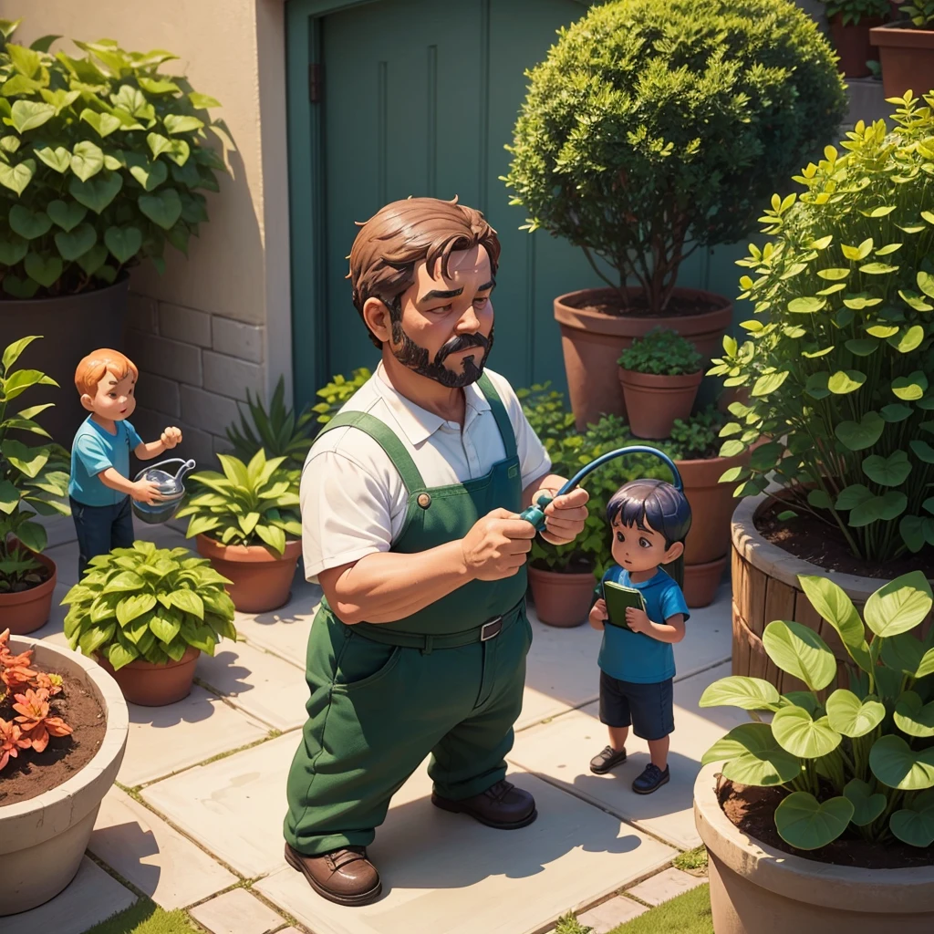 A middle-aged man and a are watering the plants, children's book figure, children's book figure, children's book figure, commercial figure, children's book figure, flat figure, detailed 2D figure, 2D figure, 2D figure, children's book figure, children's book figure, figure, children's figure, professional figure